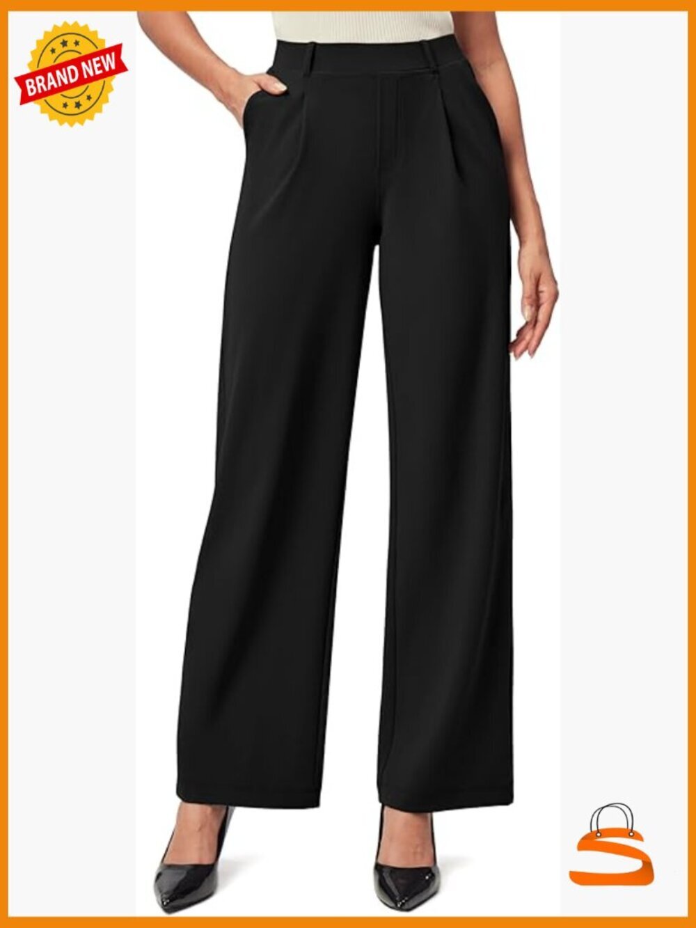 Womens Wide Leg Pull On Dress Pants Stretchy Work Trousers with Pockets